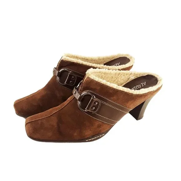 Aerosoles Cinch Of Salt Brown Suede Heeled Clog Mules- Womens Sz 9B - Picture 2 of 6